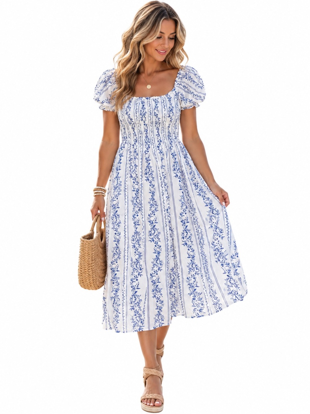 H&M Blue White Floral Smocked Puff Sleeve Midi Dress XL Cottagecore